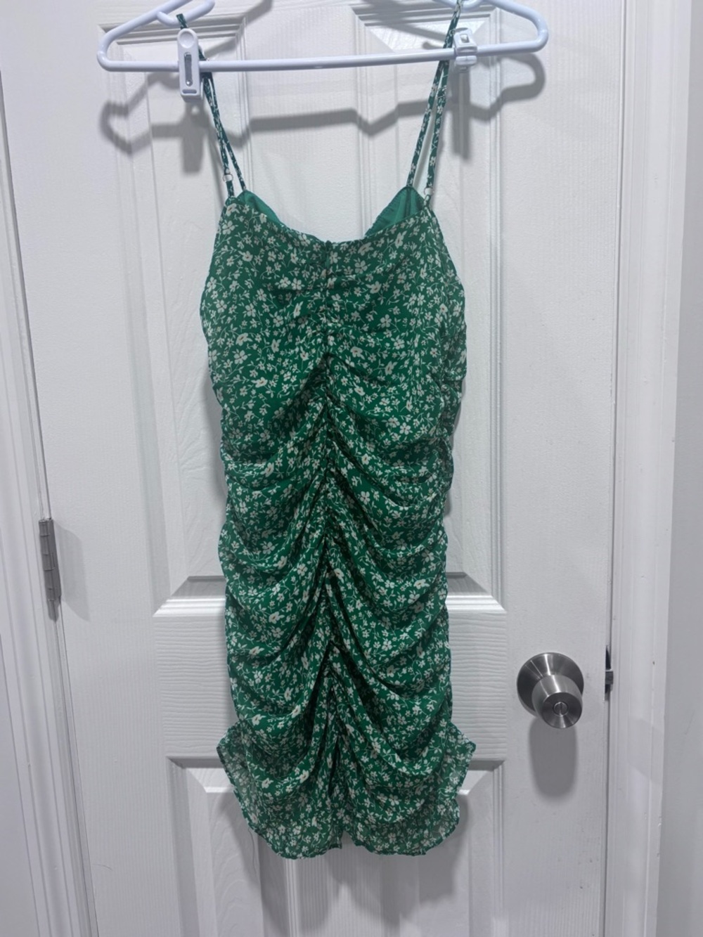 🩷Lulu's Teal Green Floral Ruched Spaghetti Strap Mini Dress - Picture 3 of 10